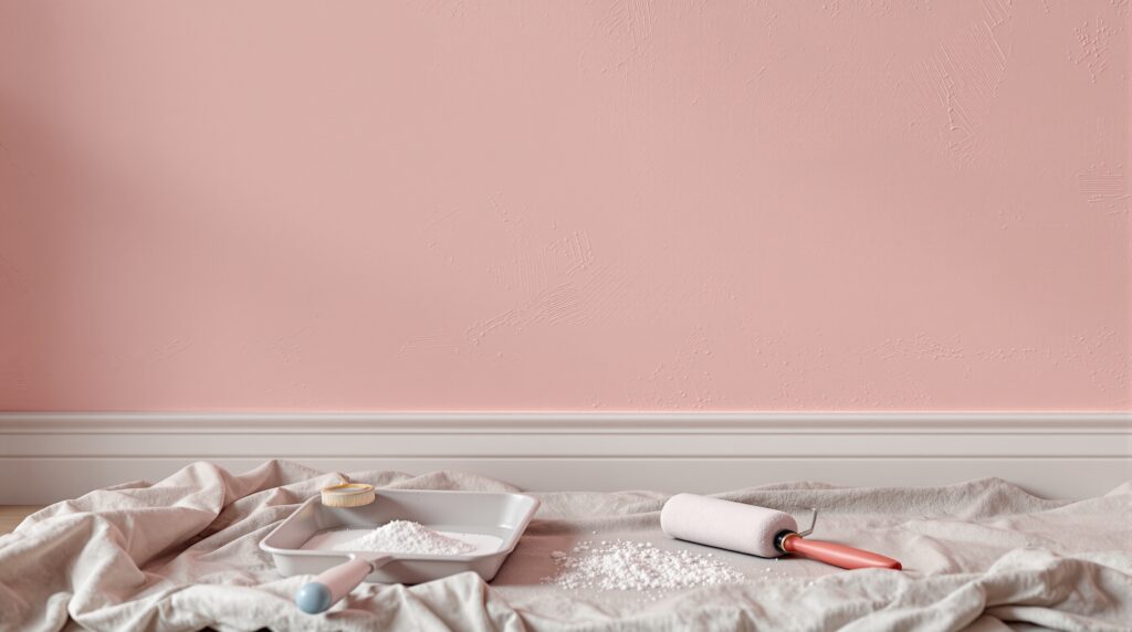 Newly plastered wall ready for painting with professional painting equipment and supplies