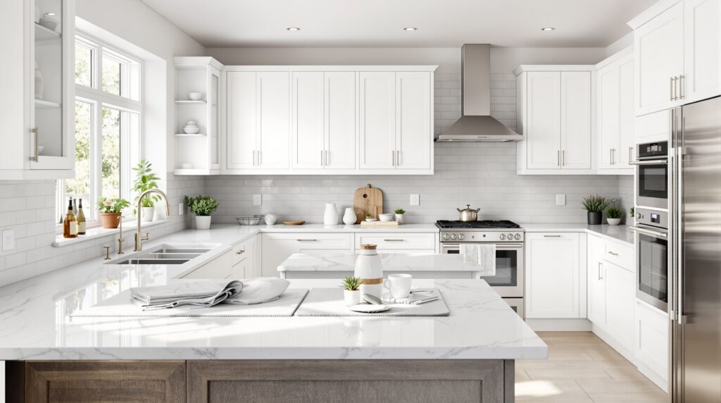 A stunning modern kitchen renovation showcasing white cabinets, marble countertops, and bright natural lighting
